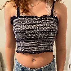 Navy blue & white cropped top w adjustable straps